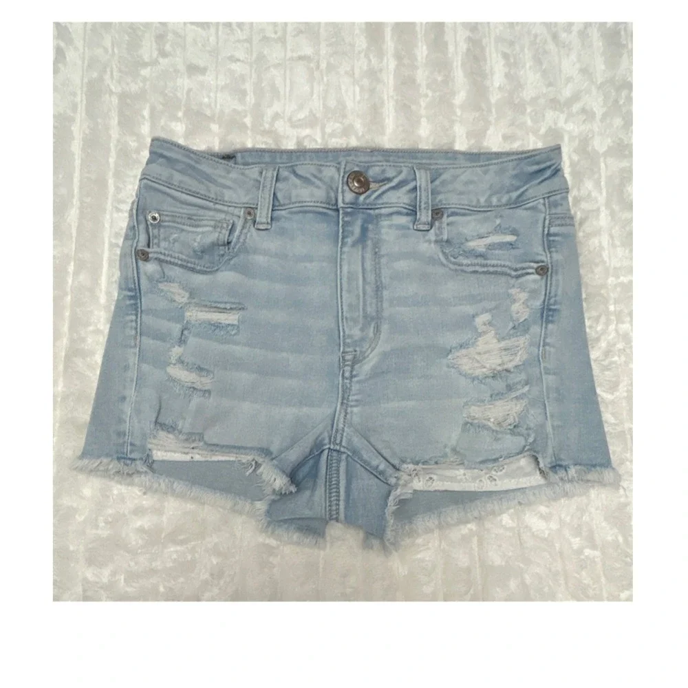 American Eagle Hi-Rise Shortie‎ Distressed Denim Jean Shorts Light Wash Womens 8